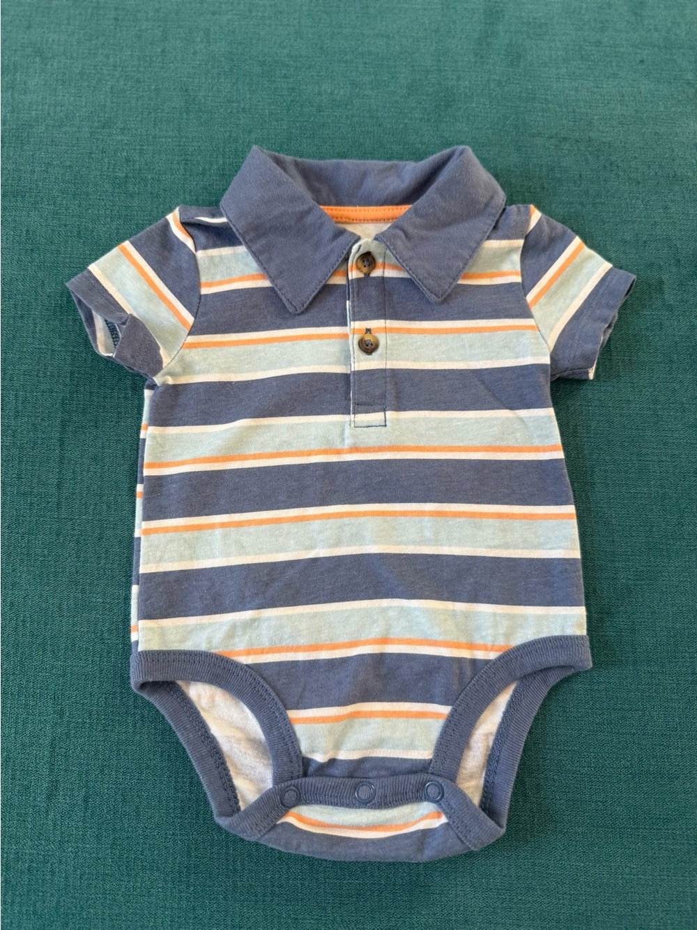 Carter's Polo Onesie in Blue, White, and Bright Orange Stripes with Snaps 3M